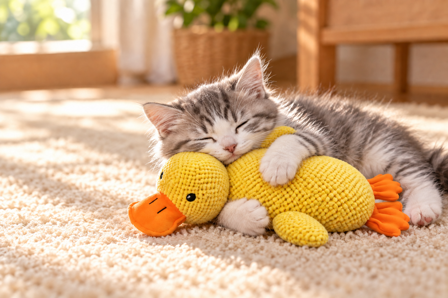 A fluffy kitten sleeping with the yellow duck plush nestled between its paws.