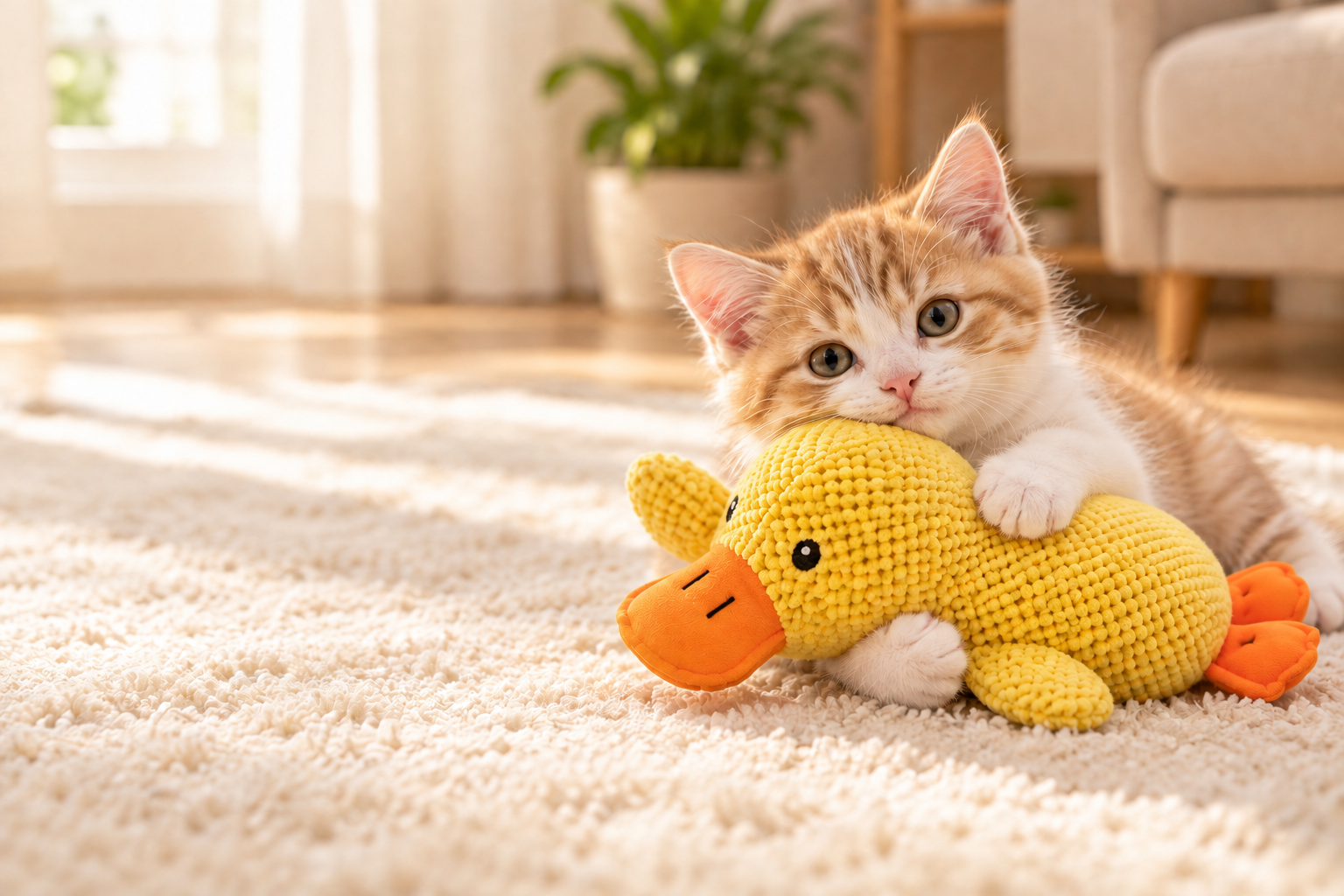 An orange-and-white kitten hugging a yellow pineapple-fleece duck with a wide orange bill and flat outstretched wings.