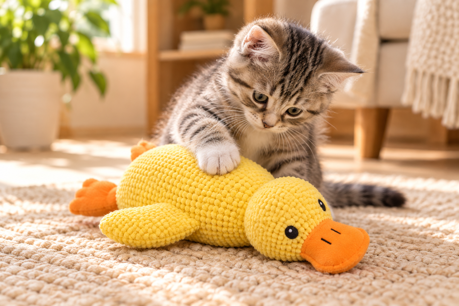 A curious tabby kitten pawing the same textured yellow duck toy on a warm cream rug.